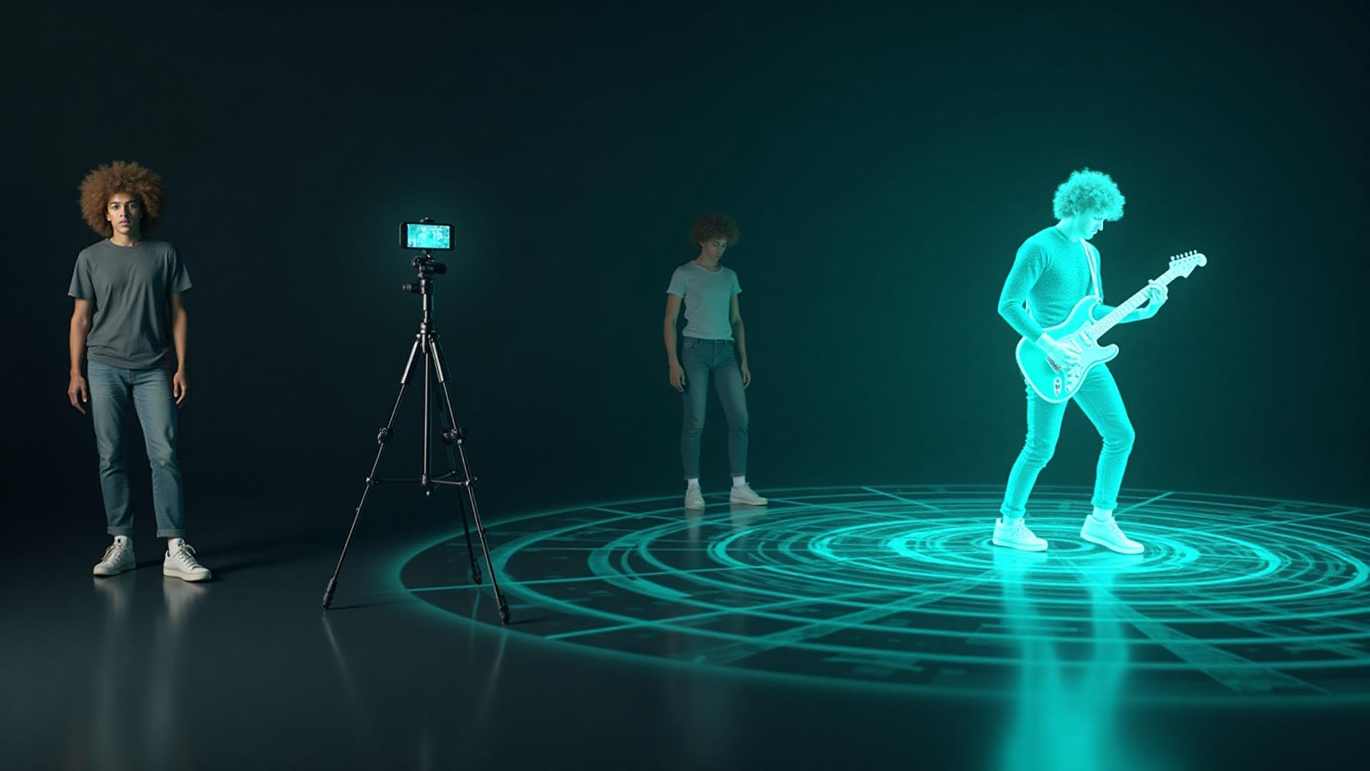 An artist recording a talent hunt submission on a phone tripod, converted into a glowing hologram performer on eyeora